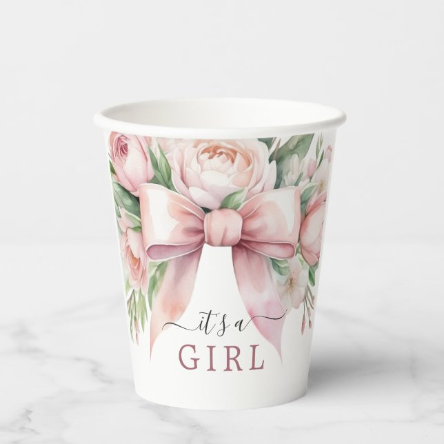 Vasos De Papel Chorreo de bebé con lazo rosa y flores románticas (Anverso)
