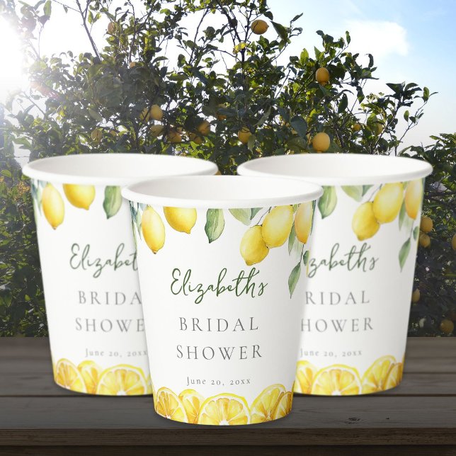 Vasos De Papel Chorro De Acuarela Amarillo Limón Bridal Shower (Watercolor Yellow Lemon Citrus Bridal Shower Paper Cups)