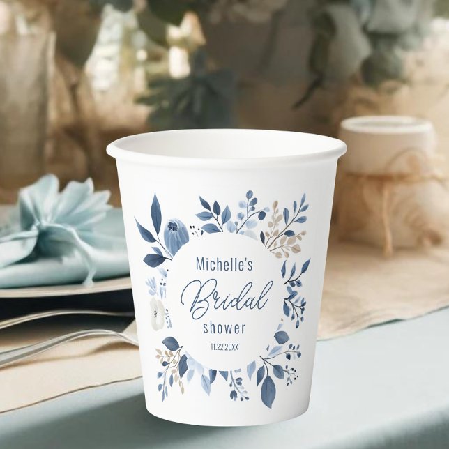 Vasos De Papel Chorro de acuarela azul floral boho para despedida (Dusty blue floral bridal shower paper cups)