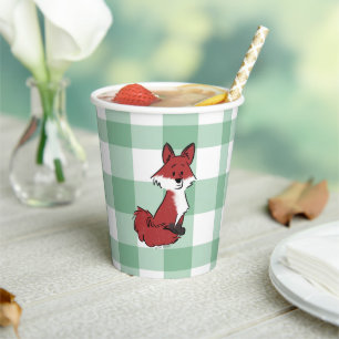 Vasos De Papel Chorro de zorro rojo de bebé en cuadros verdes