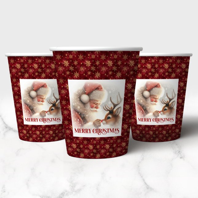 Vasos De Papel Christmas Paper Cups with Cartoon Santa & Rudolph (Christmas Paper Cups with Cartoon Santa and Rudolph)
