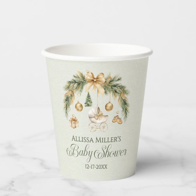 Vasos De Papel Christmas Watercolor Greenery Winter Baby Shower (Anverso)