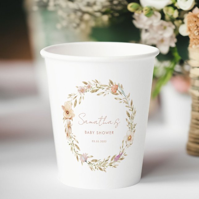 Vasos De Papel Chupete de flores boho para baby shower (Custom Boho Flower Baby Shower Paper Cups with your Name & Date. For Baby Girl, Baby Boy.)