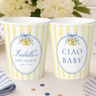 Vasos De Papel Ciao Baby Rayas Amarillas Limón y Lazo Baby Shower