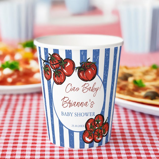 Vasos De Papel Ciao baby tomato blue stripes Italian baby shower (Ciao baby cherry tomato blue stripes Italian farmers market baby shower personalized Paper Cups)