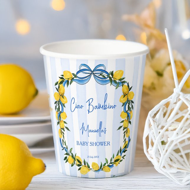 Vasos De Papel Ciao bambino lemons personalizado de ducha infanti (Ciao bambino lemons blue stripes with bow Italian baby shower personalized Paper Cups)