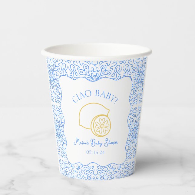 Vasos De Papel ¡Ciao Bebé! Baby Shower italiano Lemon Blue (Anverso)