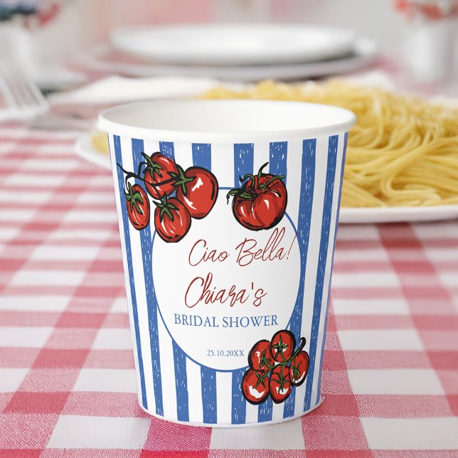 Vasos De Papel Ciao bella rayas de tomate ducha de novia italiana (Ciao bella tomato blue stripes Italian farmers market pasta bridal shower personalized Paper Cups)
