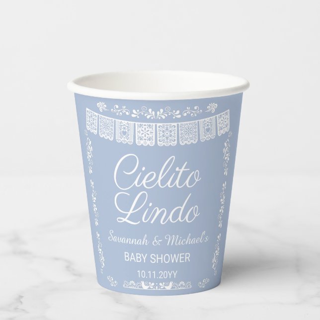 Vasos De Papel Cielito Lindo Blue Papel Picado Baby Shower  (Anverso)