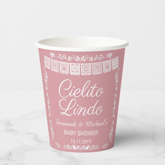 Vasos De Papel Cielito Lindo Blush Pink Papel Picado Baby Shower  (Anverso)