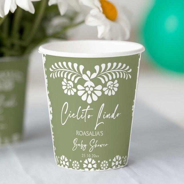 Vasos De Papel Cielito lindo sage ducha infantil mexicana verde (Cielito lindo sage green Mexican baby shower monogrammed Paper Cups personalized decor)