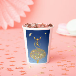 Vasos De Papel Cielo azul: estrellas, un pájaro y su árbol dorado