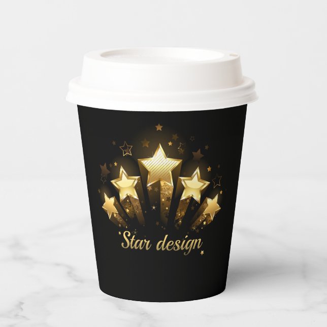 Vasos De Papel Cinco estrellas de oro en negro (Anverso)