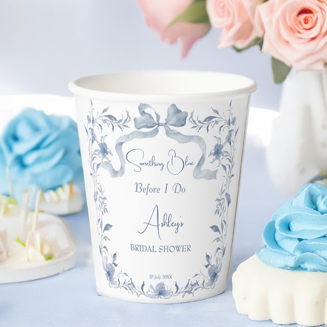 Vasos De Papel Cinta floral azul polvoriento elegante ducha de no (Dusty blue vintage floral ribbon bow elegant coquette bridal shower personalized printed paper cups)