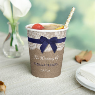 Vasos De Papel Cinta Naval En Boda Burlap & Lace