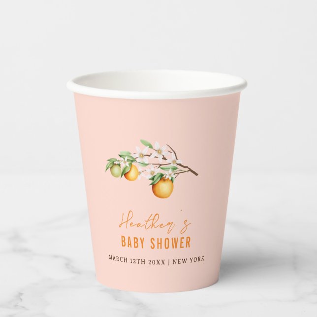 Vasos De Papel Citrus Baby Shower Naranja de verano dulce simple (Anverso)