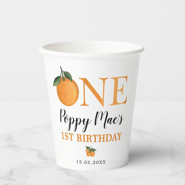 Vasos De Papel Citrus Naranja Little Cutie Primer cumpleaños (Anverso)