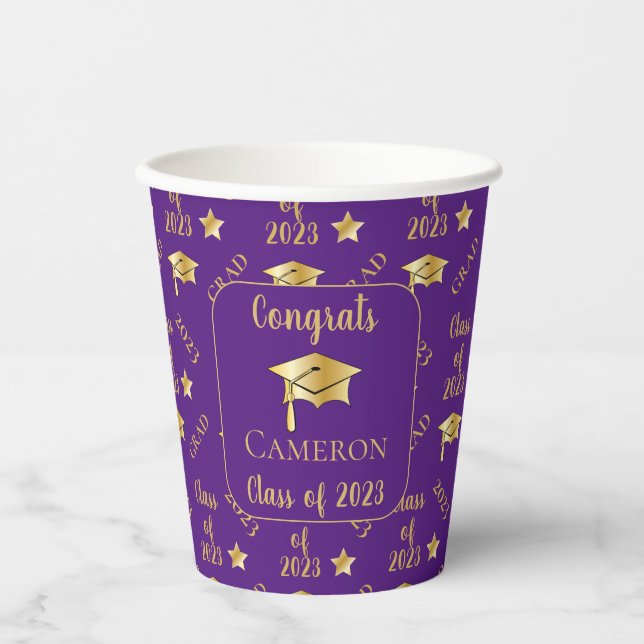 Vasos De Papel Clase de 2023 Tapón de graduación de oro - Púrpura (Anverso)