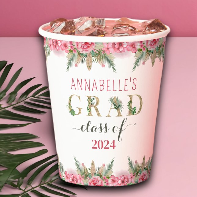 Vasos De Papel Clase De Graduación De Luau De 2024 Floral (Subido por el creador)