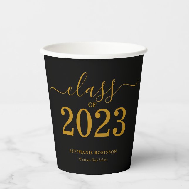 Vasos De Papel Clase de Graduación de Oro Negro 2023 (Anverso)
