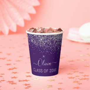 Vasos De Papel Clase de Graduado Purpurina Púrpura Plateado 2022