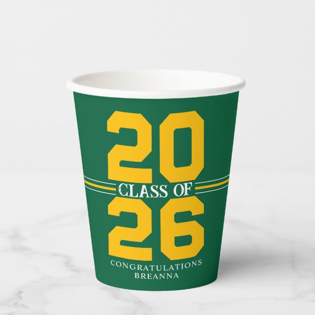 Vasos De Papel Clase Verde y Oro de graduación personalizada (Anverso)
