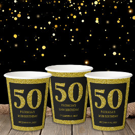 Vasos De Papel Clásico Black And Gold Purpurina 50 cumpleaños