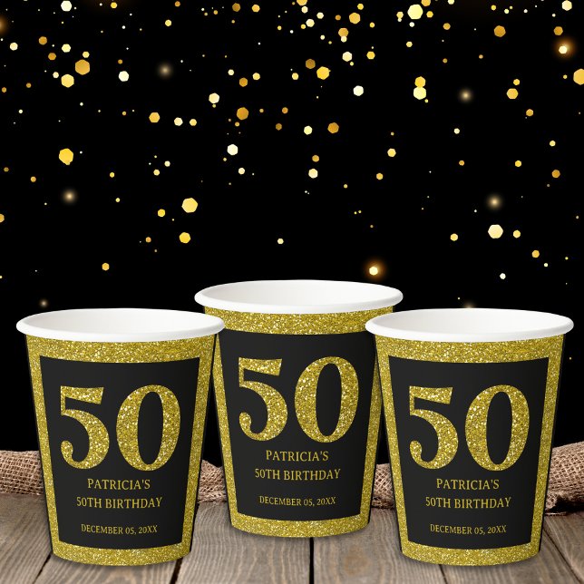 Vasos De Papel Clásico Black And Gold Purpurina 50 cumpleaños (Classy Black Gold Glitter 50th Birthday Party suppies -paper cups for milestone birthday party)