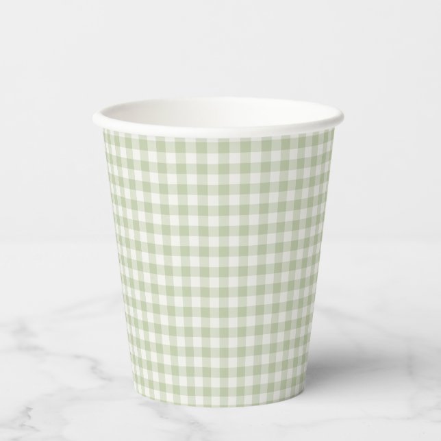 Vasos De Papel Clásico Gingham de Otoño Temprano | Oliva Suave (Anverso)