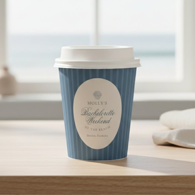 Vasos De Papel Coastal Blue Stripe Bachelorette (Coastal Blue Stripe Bachelorette Paper Cups)