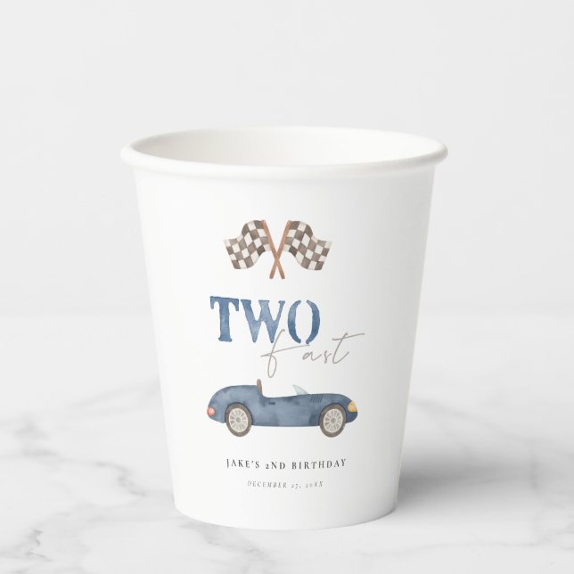 Vasos De Papel Coche de carreras azul con encanto (Anverso)