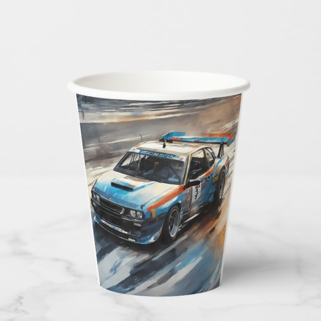 Vasos De Papel Coche de Carreras azul deportivo (Anverso)
