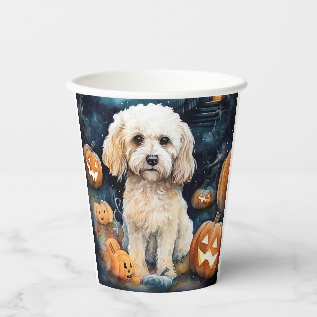 Vasos De Papel Cockapoo de Halloween con calabazas aterradoras (Anverso)