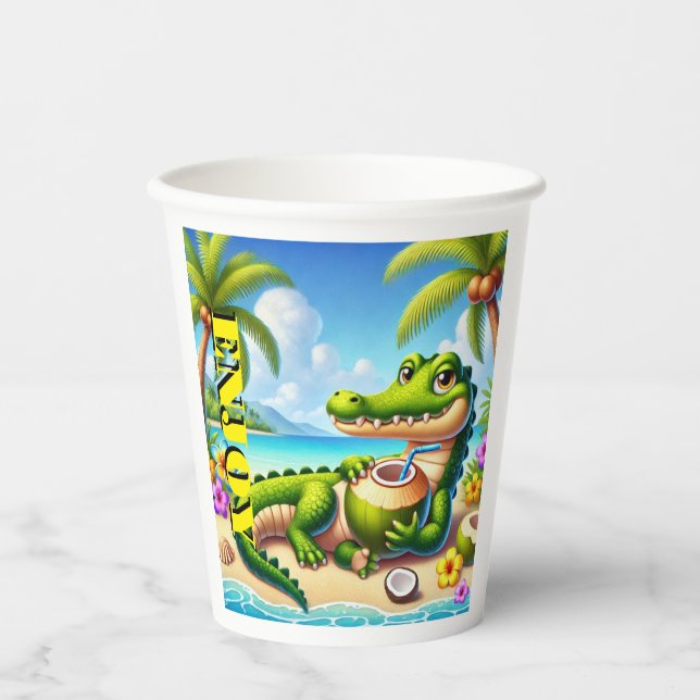 VASOS DE PAPEL COCODRILLO CON AGUA DE COCO (Anverso)