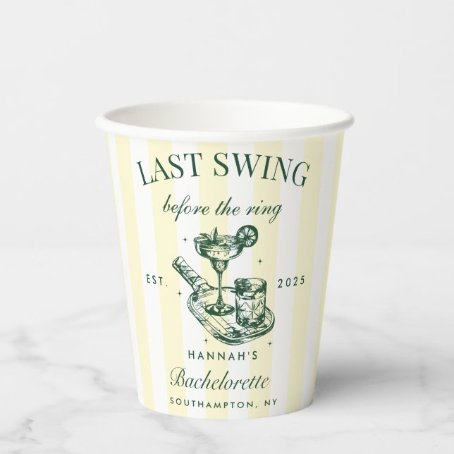 Vasos De Papel Cóctel Pickleball Bach Rayas Verdes y Amarillas (Anverso)