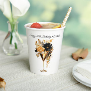 Vasos De Papel Cócteles de oro negro Bebida Florales Cumpleaños 4