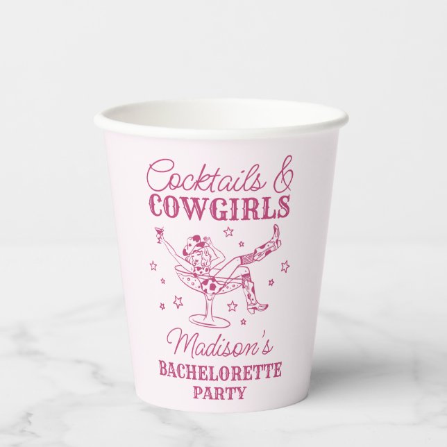 Vasos De Papel Cócteles rosas y rodeo de chicas de vaca Bachelore (Anverso)