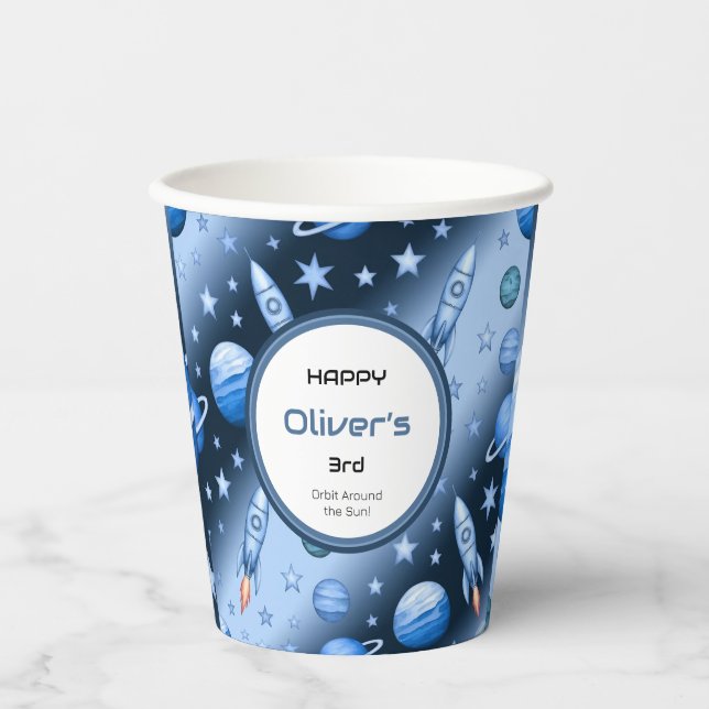 Vasos De Papel Cohete de aventura espacial y azul planetario (Anverso)