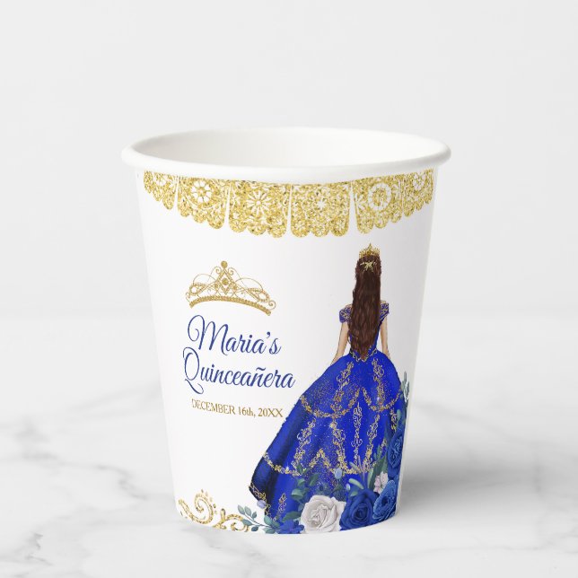 Vasos De Papel Colchones azules reales Quinceañera Crown Birday P (Anverso)