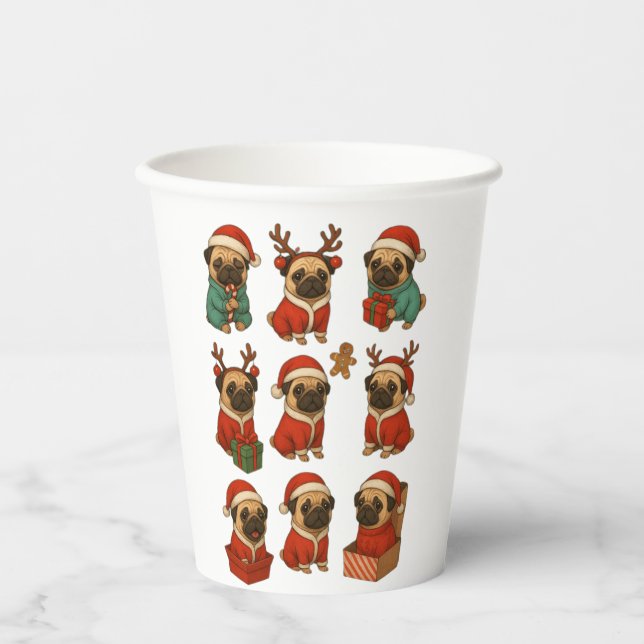 Vasos De Papel Colección Navideña de Pug Adorable (Anverso)