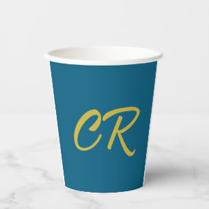 Vasos De Papel Color Monograma Azul y Dorado Minimalista Moderno