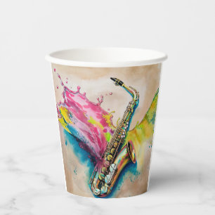 Vasos De Papel Colorida acuarela Saxofón Splash