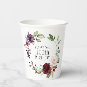Vasos De Papel Colorido Floral Elegante 100 cumpleaños