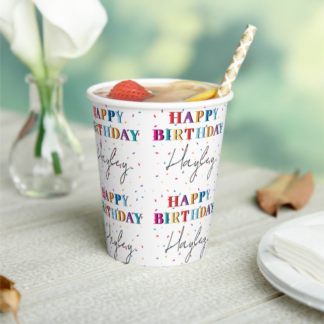 Vasos De Papel Colorido Happy Birthday Custom Name Confetti (in situ)