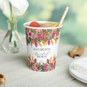 Vasos De Papel Colorido Jardin Floral Tropical Rosa Naranja para 