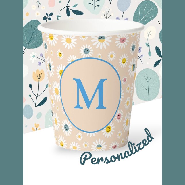 Vasos De Papel Colorido Monograma Sonriente Daisy personalizado (Colourful Monogram Smiling Daisy personalised Paper Cups)