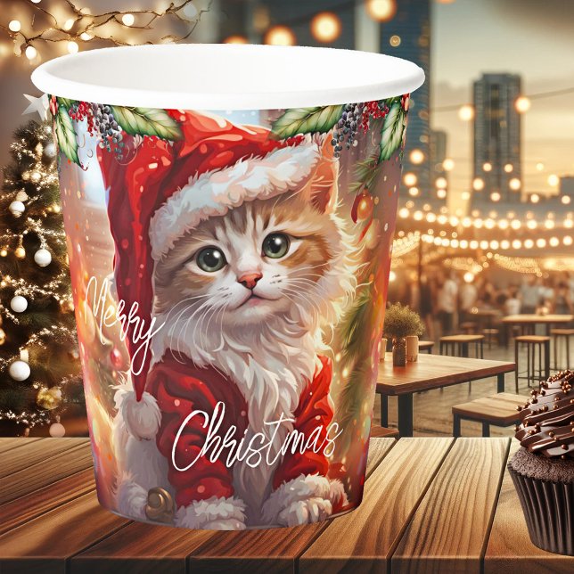 Vasos De Papel Coloridos Navidades de Kitten (Paper cup featuring a cute kitten in a festive Christmas outfit)