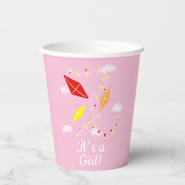Vasos De Papel Cometas en Sky Pink Es un Baby Shower Chica (Anverso)