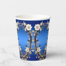 Vasos de Papel con Adorno Floral Azul Blanco