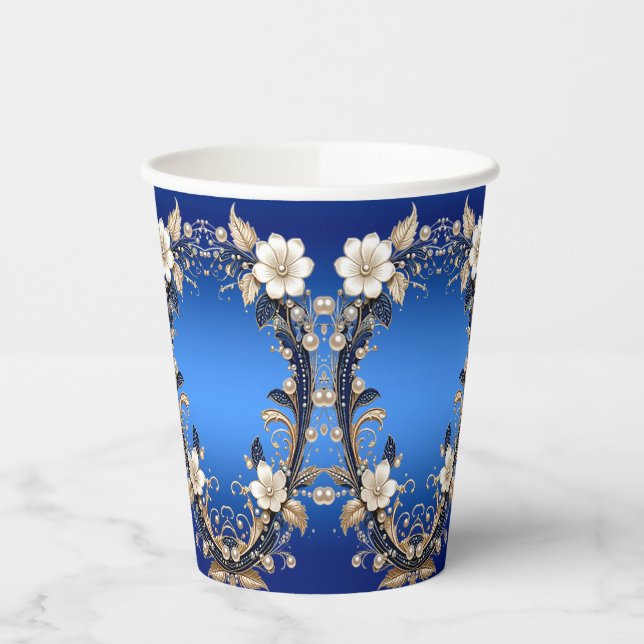 Vasos de Papel con Adorno Floral Azul Blanco (Izquierda)